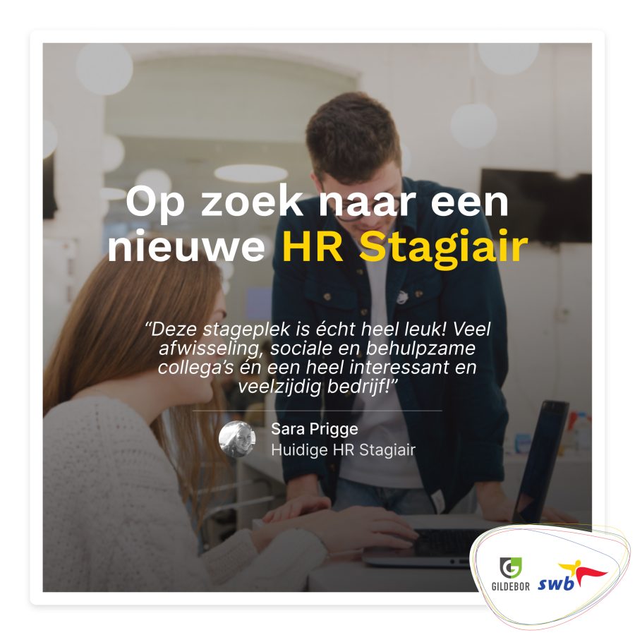 Een foto van 2 mensen die naar een laptop kijken, met een oproep naar een HR stagiair